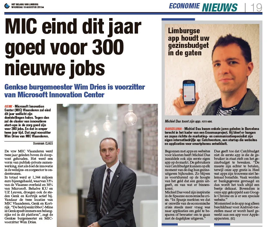 Artikel in Het Belang van Limburg van 19 augustus 2015 over Michiel Das en de app Catchbudget